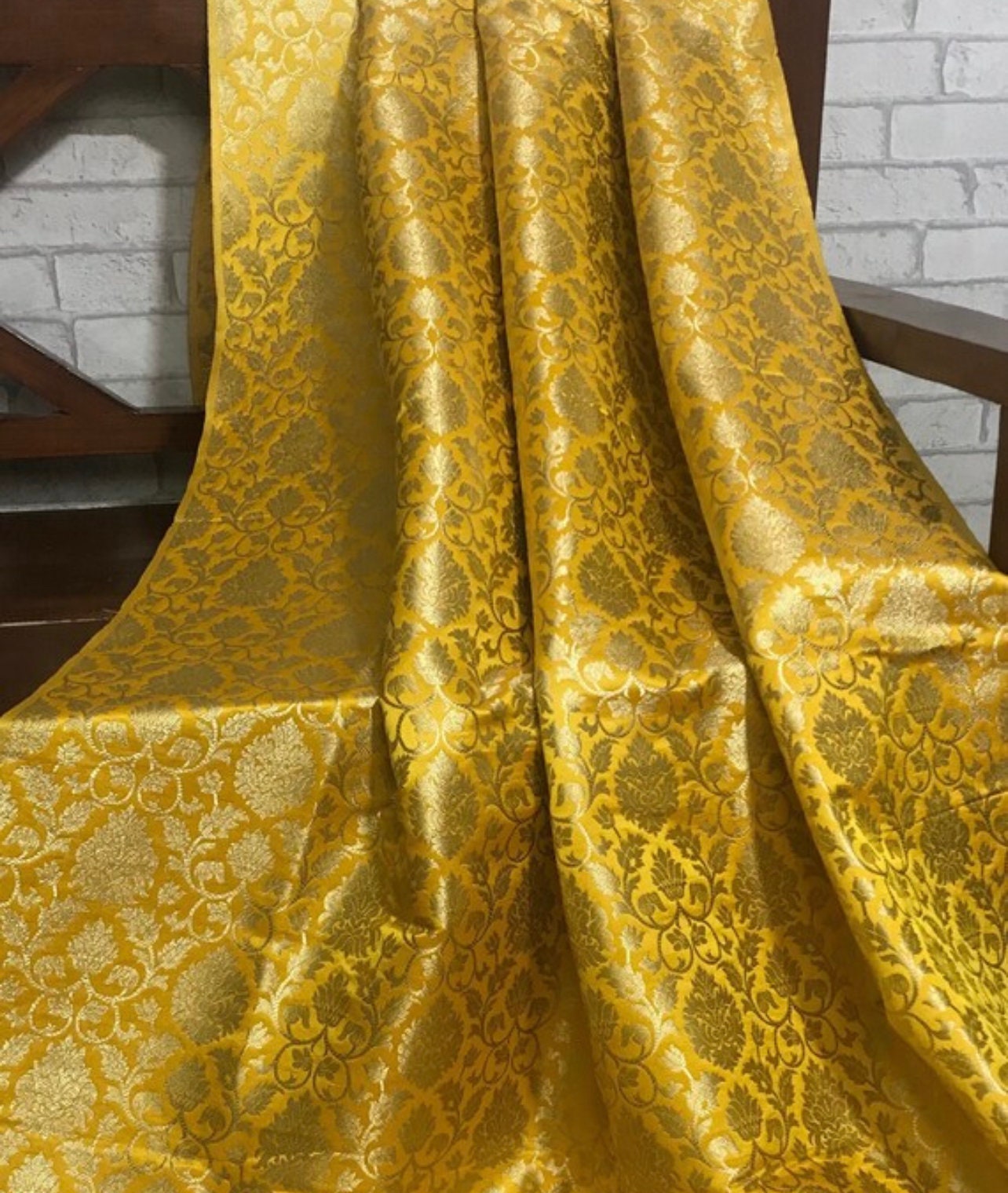 Indian Brocade Fabric Yellow & Gold brocade fabric Jacquard fabric Damask fabric Wedding dress fabric Fabric by the yard/meter -NFAF305
