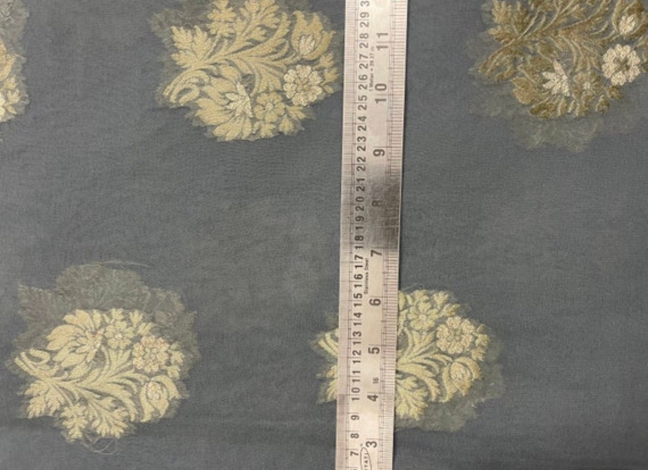 Gray Gold Georgette viscose Fabric, Sheer Floral embroidery Wedding Dress Fabric, Brocade fabric, Party fabric, Theatre costume - NFAF54