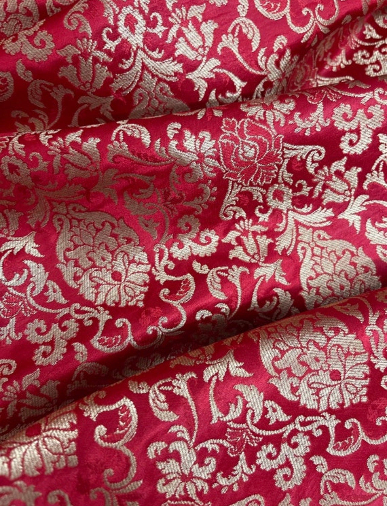 Red Gold Brocade fabric by the yard Jacquard damask fabric Wedding Bridal Dress Fabric Upholstery Silk Brocade Fabric by the yard- NFAF359