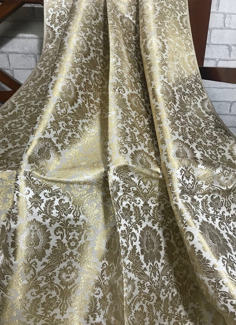 Gold Brocade fabric Jacquard damask fabric White Wedding bridal fabric Home decor fabric silk dress Brocade Fabric by the yard- NFAF01