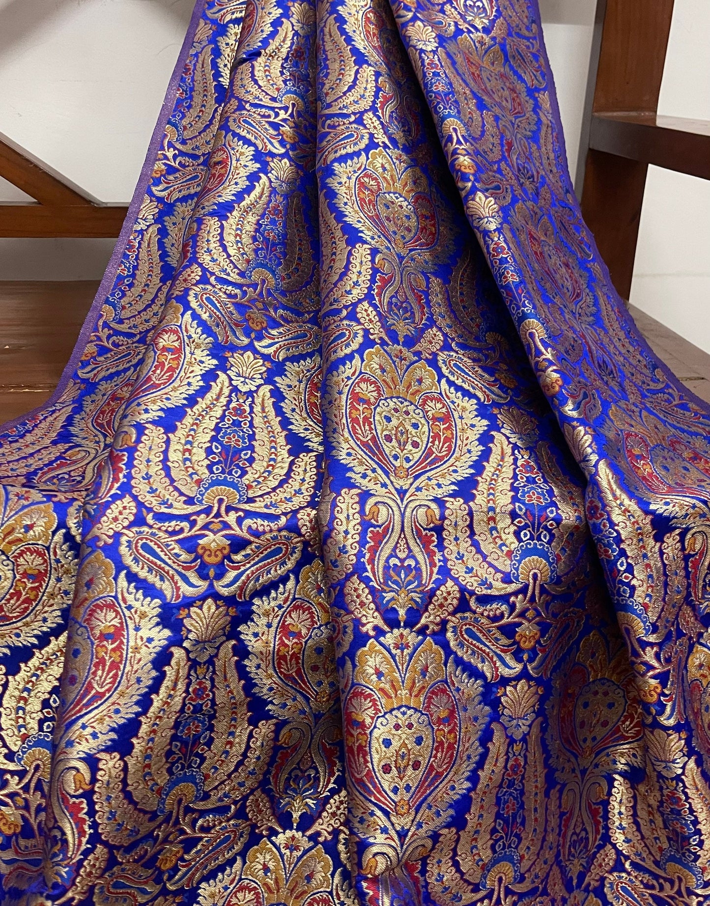 Indian Brocade fabric by the yard/meter Jacquard damask fabric Blue Gold floral brocade Wedding bridal fabric Silk brocade dress -NFAF352
