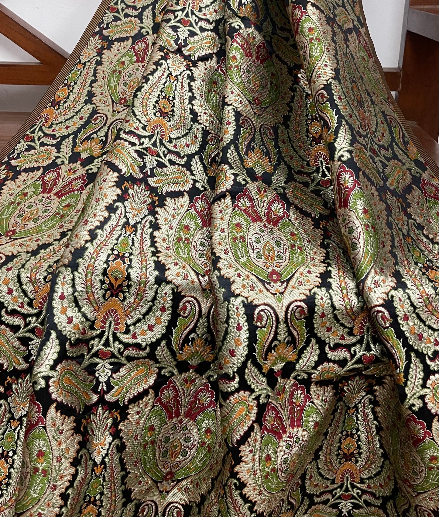 Banarasi brocade fabric, Black gold jacquard fabric, Hautecouture, Rayon silk brocade, Medieval fabric, Vintage textile, Fashion fabric - NFAF678
