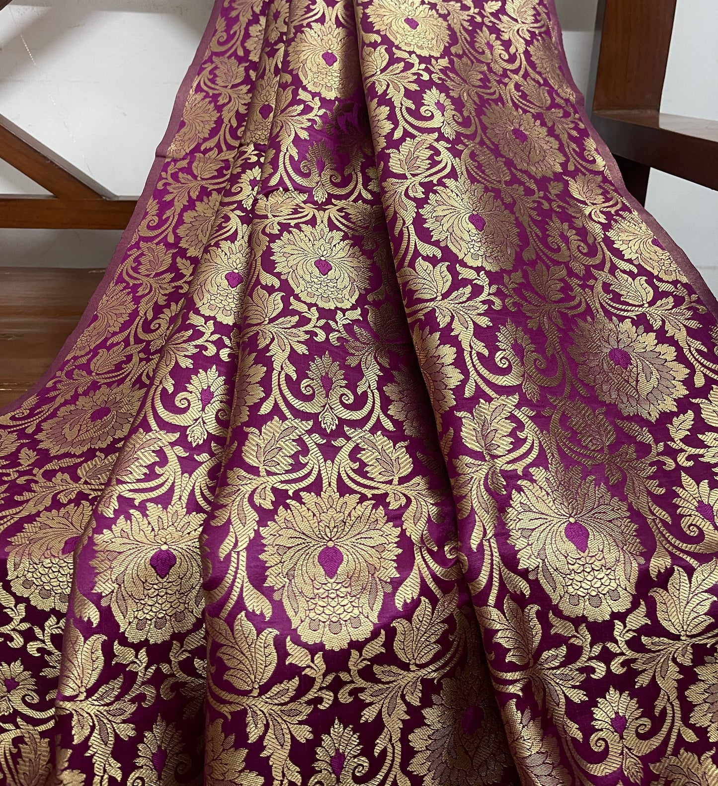Indian Banarasi Brocade Fabric Purple Gold Floral brocade Medieval fabric Wedding Dress Luxurious Headband Lace Brocade fabric by the yard