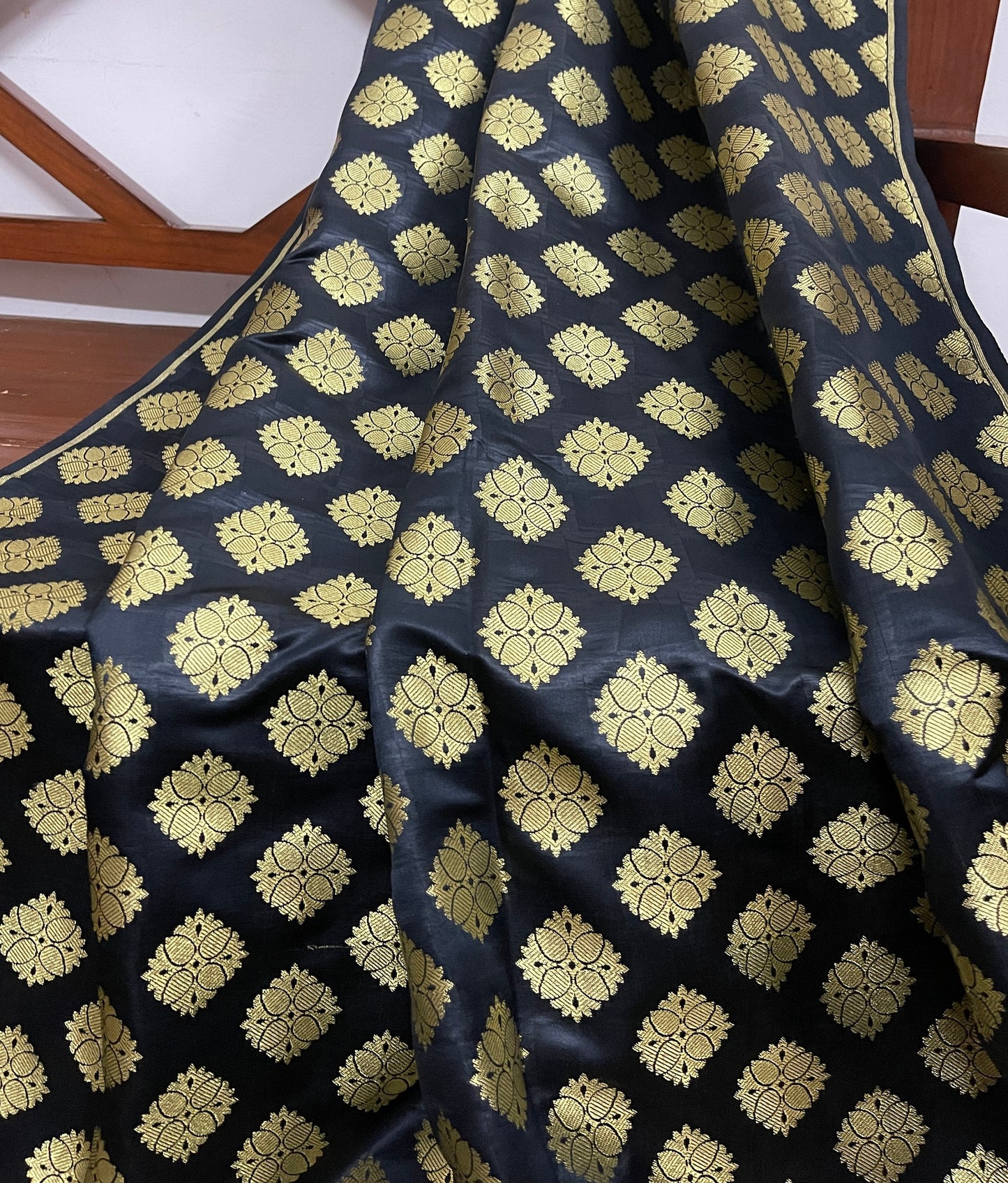 Brocade fabric Black Gold Jacquard Damask Indian Fabric Wedding Bridal Satin Silk Dress Brocade Fabric Indian Lehenga Fabric by the yard