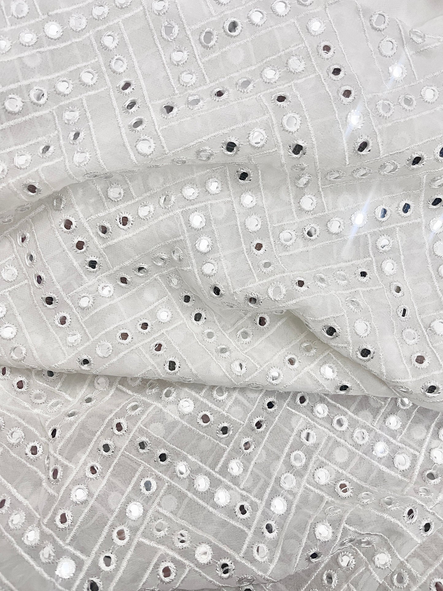 Embroidered fabric White Georgette Dyeable MirrorWork fabric Wedding Bridal dress Fabric Lehenga Salwar Suit Dupatta fabric By the Yard