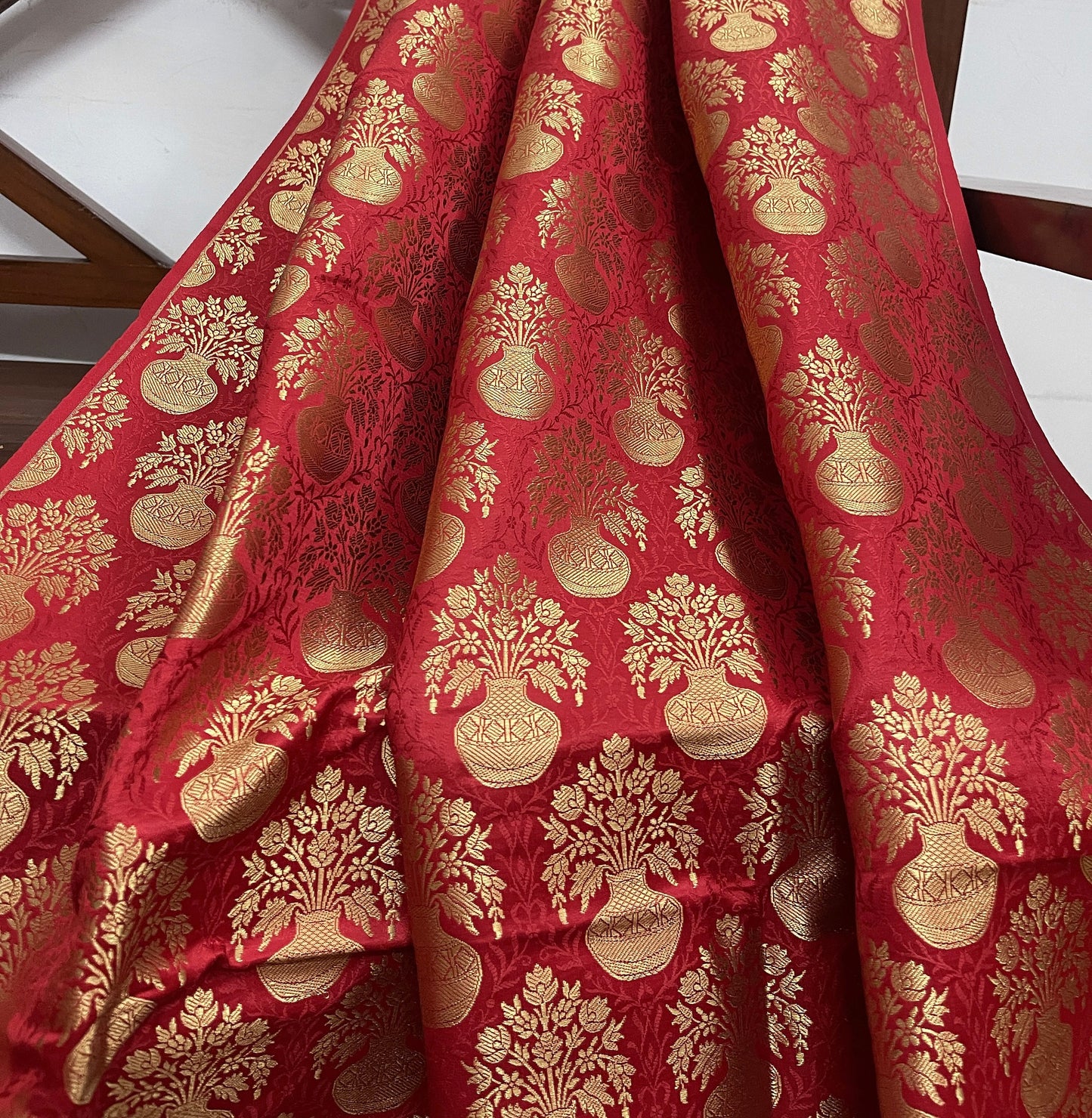 Brocade fabric Jacquard Damask fabric Wedding Bridal Brocade Dress Fabric Decor Upholsery Brocade Fabric Red Gold Fabric by the yard - 336
