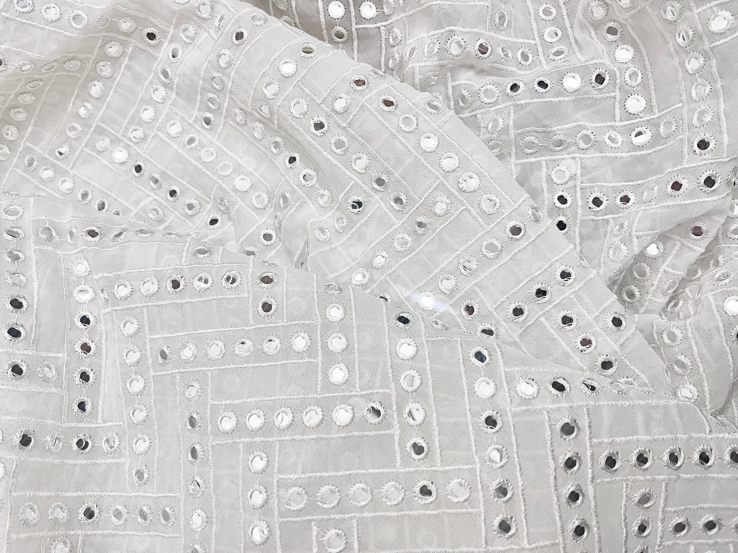 Embroidered fabric White Georgette Dyeable MirrorWork fabric Wedding Bridal dress Fabric Lehenga Salwar Suit Dupatta fabric By the Yard