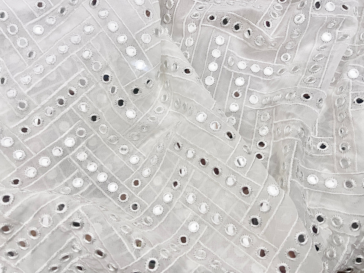 Embroidered fabric White Georgette Dyeable MirrorWork fabric Wedding Bridal dress Fabric Lehenga Salwar Suit Dupatta fabric By the Yard