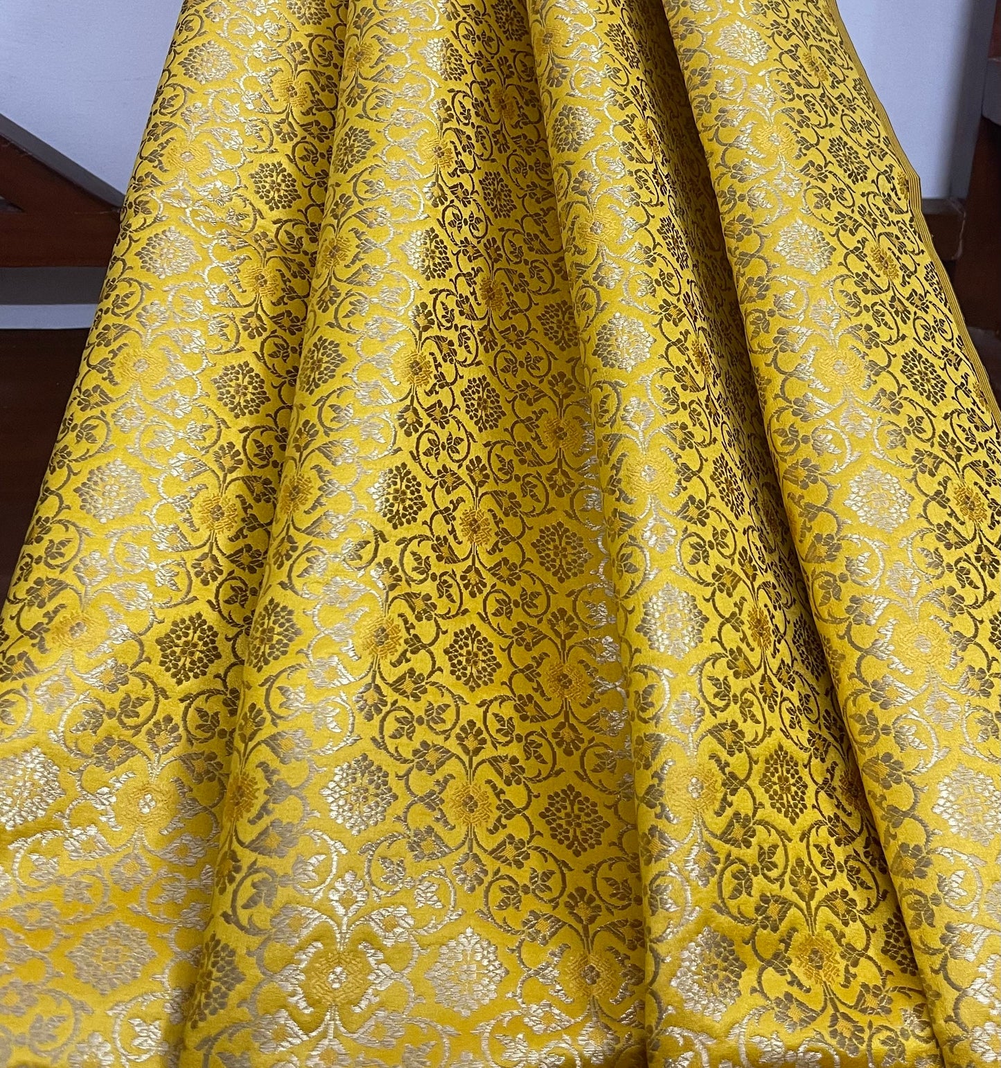 Indian Brocade fabric Yellow Gold Jacquard Damask Rayon Silk brocade Fabric Wedding Bridal High Grade Designer fabric by the yard Material