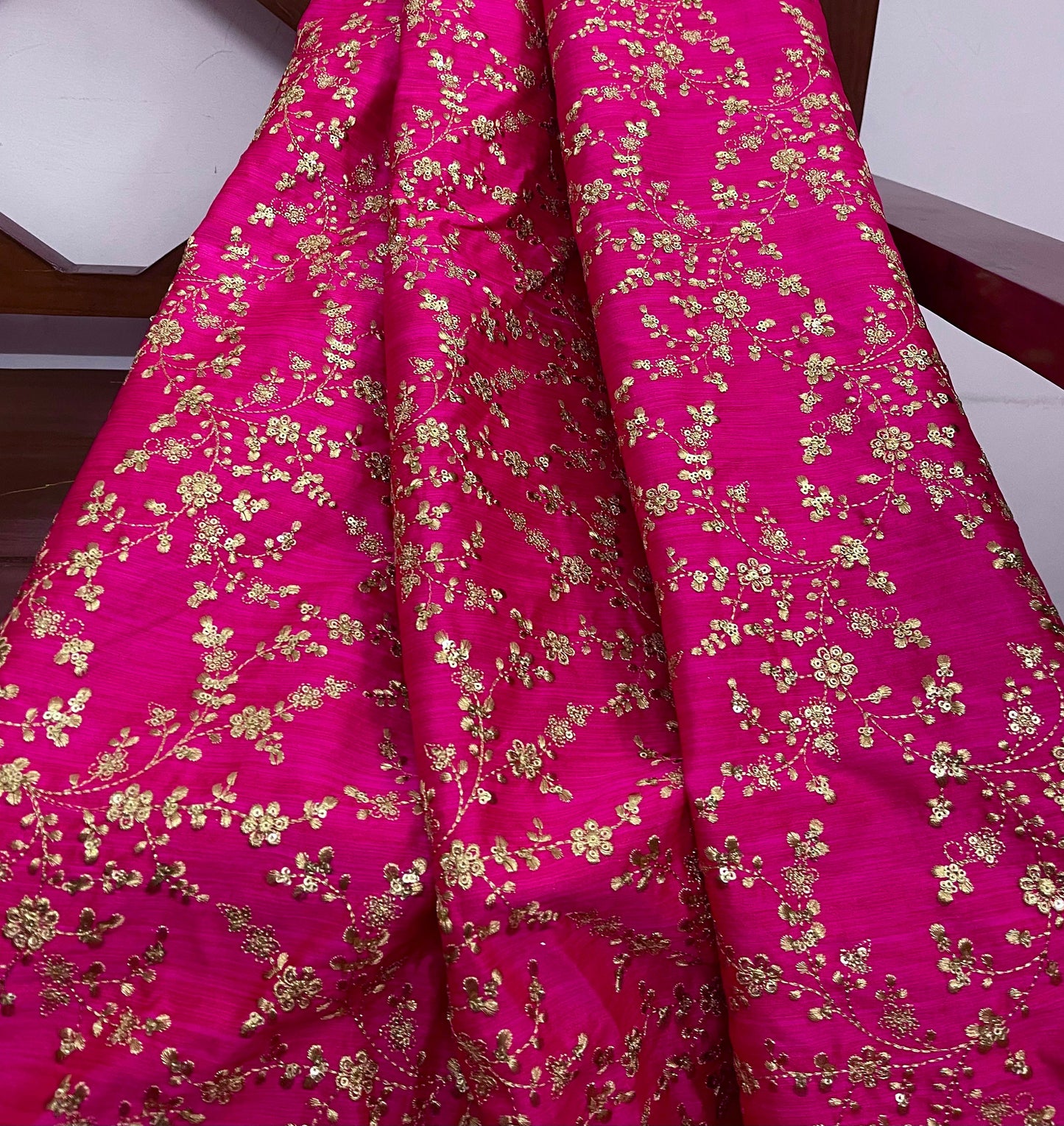 Pink and gold embroidered fabric, Wedding dress, Gold flower, Indian fabric, Thread embroidery, Royal fabric, Handmade, Luxury fabric - NFAF474