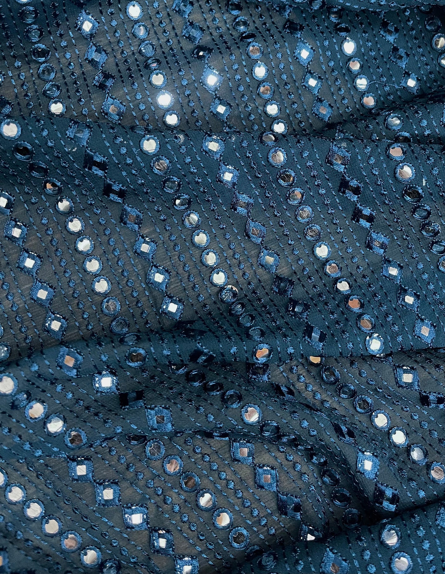 Embroidered Fabric Blue Georgette MirrorWork fabric Wedding Lehenga Dupatta Dress Salwar Suit Fabric Embroidery Drapery Fabric by the yard