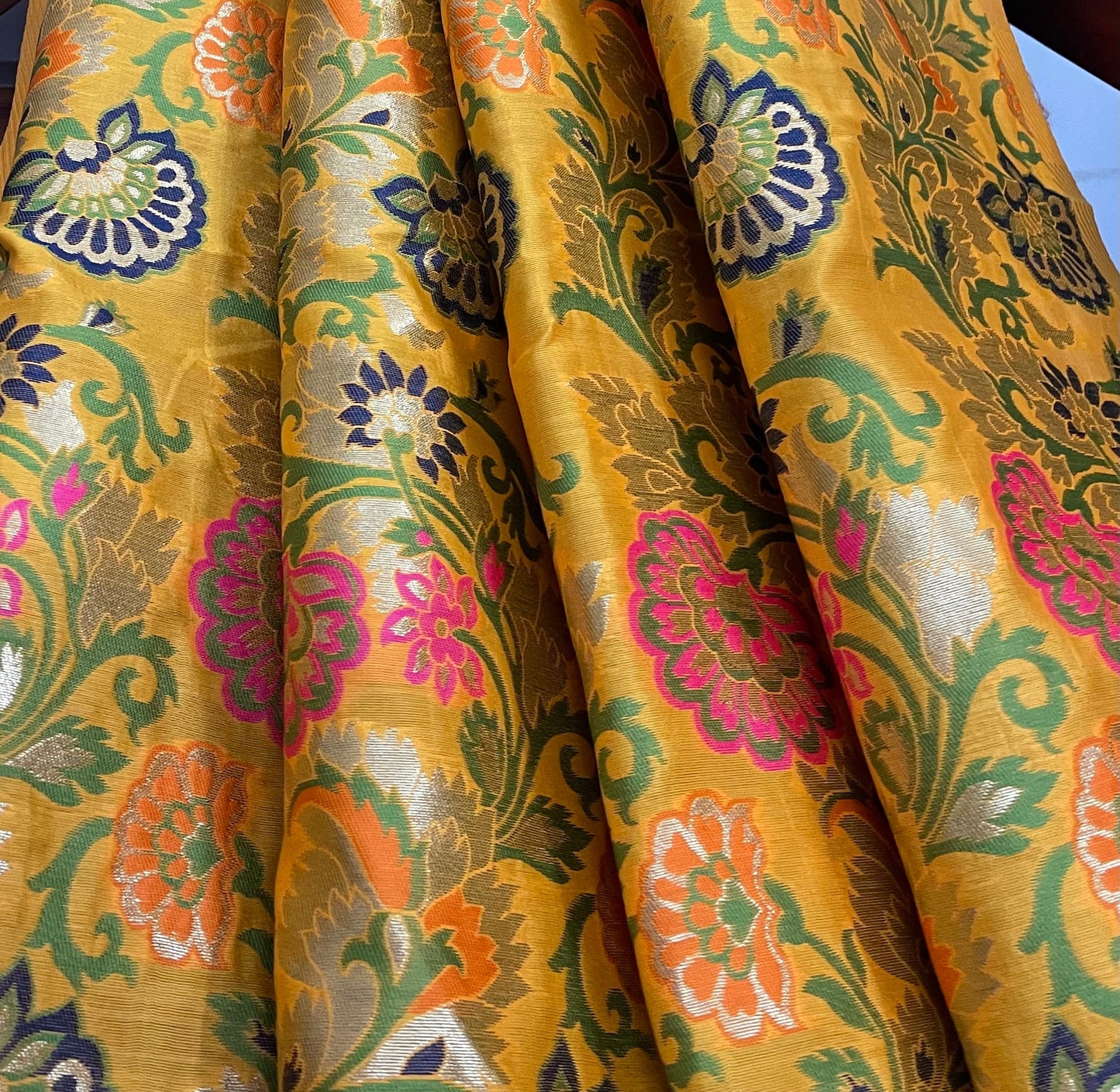 Yellow green and gold Jacquard fabric, Wedding dress, Hautecouture, Gothic fabric, Banarasi brocade, Historical fabric, Lace brocade - NFAF562