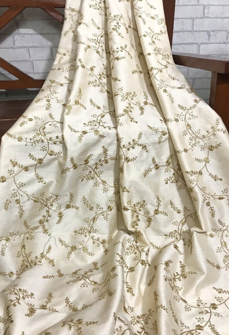 Embroidered fabric Ivory Gold Embroidery dress Fabric Bridal Dress Luxury Wedding Veil Indian Lehenga fabric upholstrey fabric by the yard