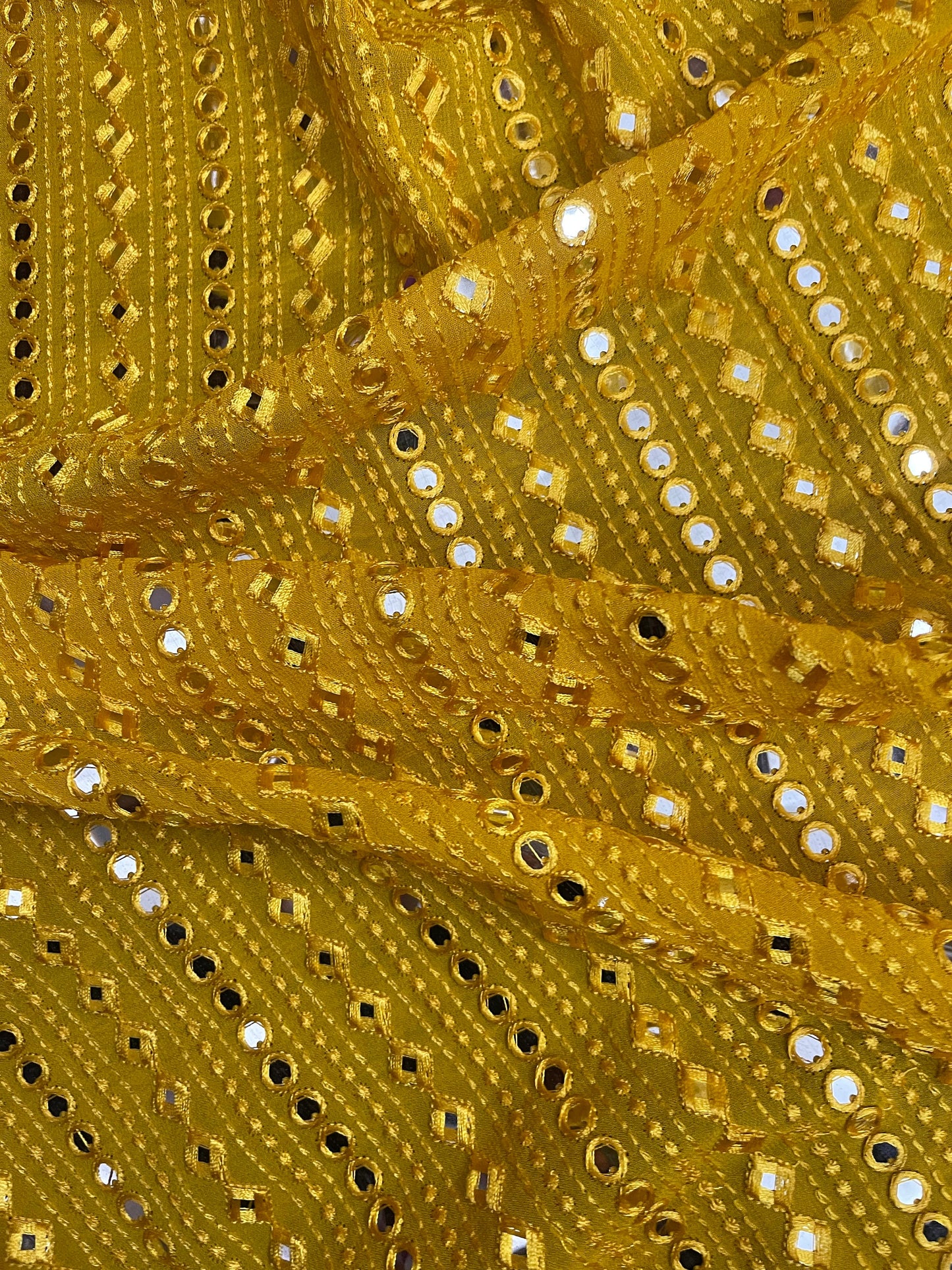 Yellow embroidered fabric, Georgette foil mirror fabric, Wedding dress, Bridesmaid dress, Luxury fabric, Fashion fabric, Gold - NFAF578