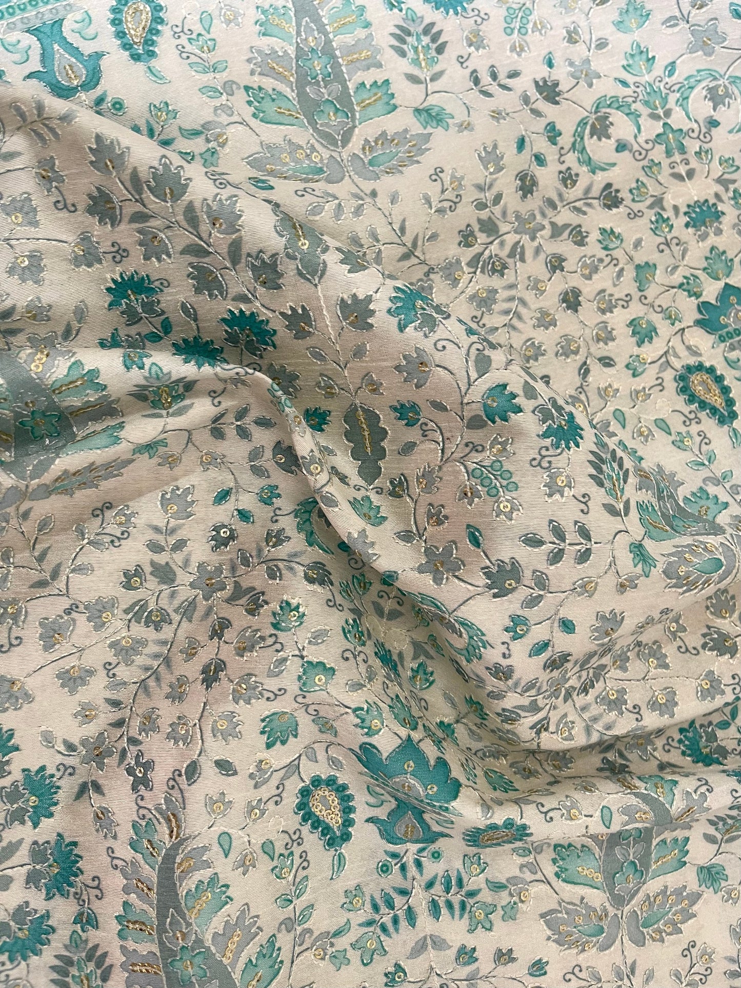Green, gray & gold off white base embroidered fabric, Wedding Fabric, Indian fabric, Floral design, Couture fashion, Luxury fabric - NFAF644