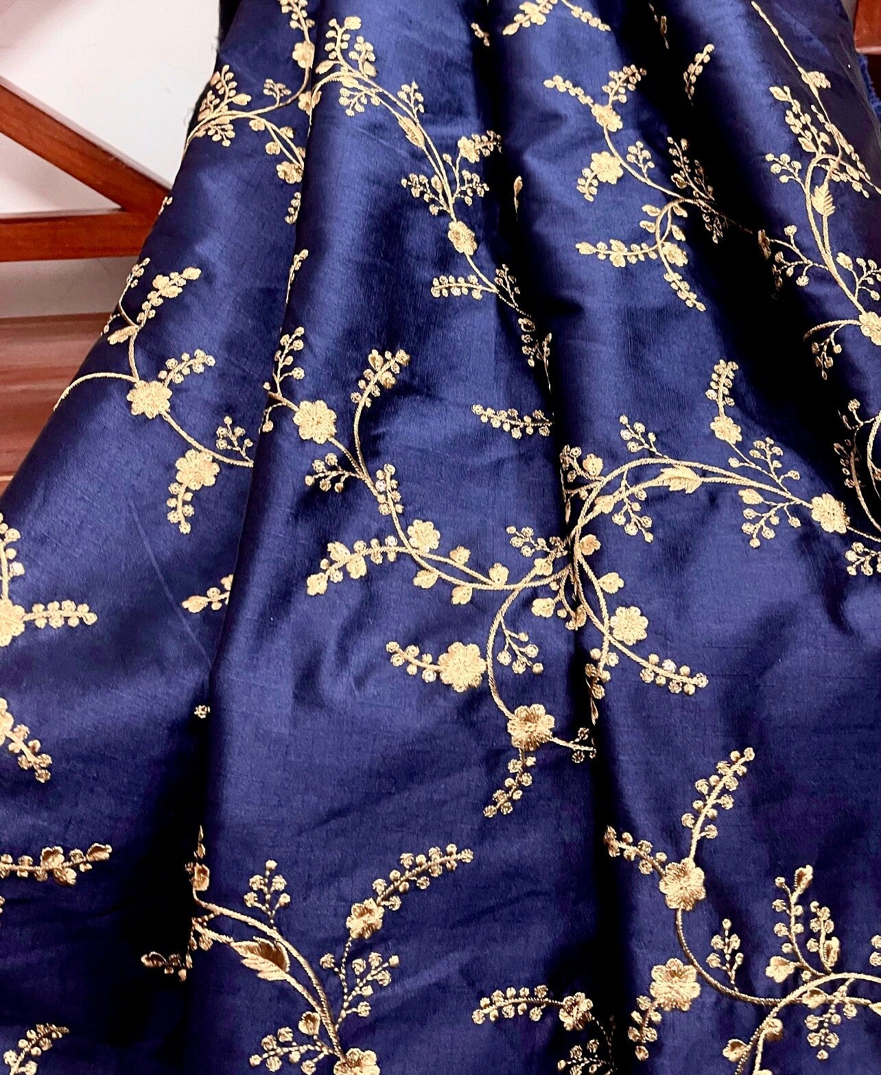 Blue & gold embroidered fabric, Haute couture, Couture fashion, Victorian fabric, Gold flower, Handmade, Embroidery art - NFAF695