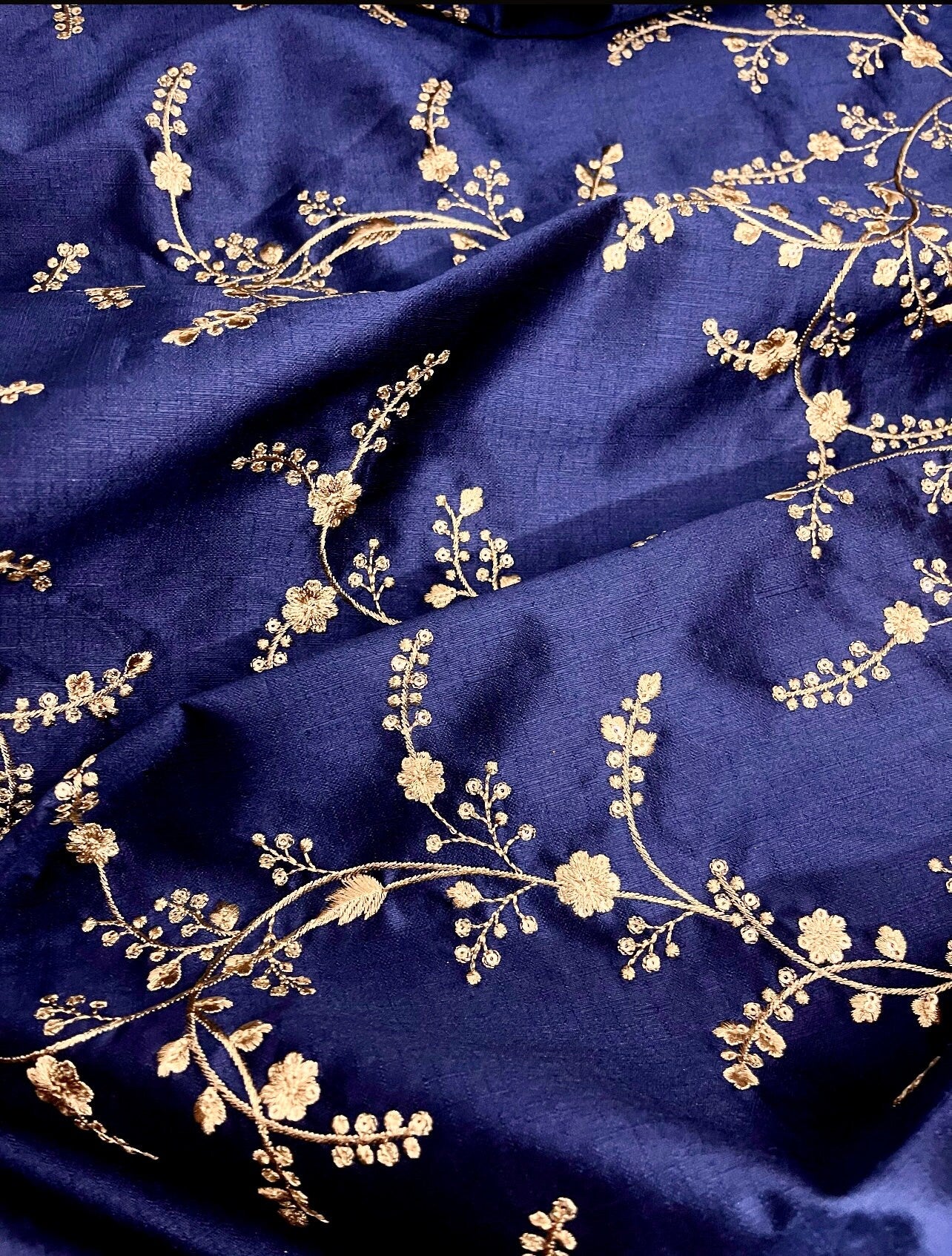 Blue & gold embroidered fabric, Haute couture, Couture fashion, Victorian fabric, Gold flower, Handmade, Embroidery art - NFAF695
