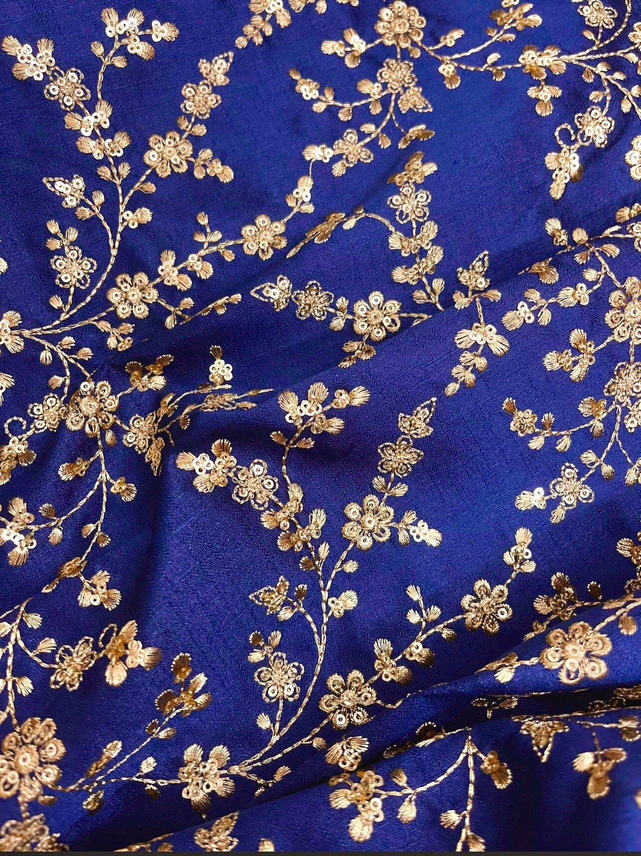 Embroidered fabric, Blue and gold wedding dress fabric, Indian fabric, Bridesmaid dress, Luxury fabric, Thread embroidery, Gold fabric - NFAF701