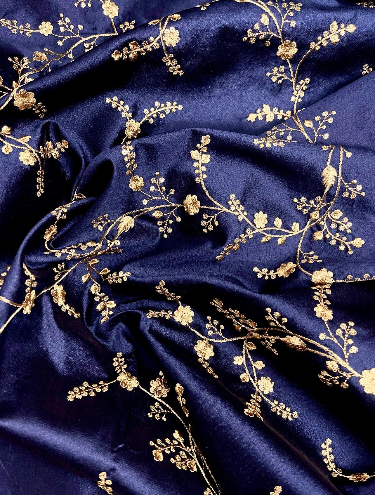 Blue & gold embroidered fabric, Haute couture, Couture fashion, Victorian fabric, Gold flower, Handmade, Embroidery art - NFAF695