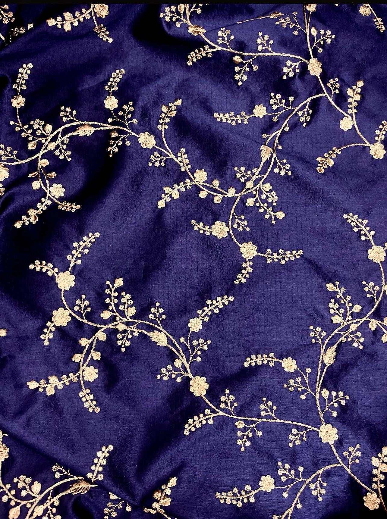 Blue & gold embroidered fabric, Haute couture, Couture fashion, Victorian fabric, Gold flower, Handmade, Embroidery art - NFAF695