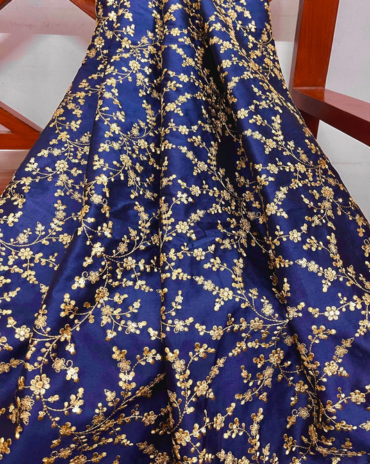 Embroidered fabric, Blue and gold wedding dress fabric, Indian fabric, Bridesmaid dress, Luxury fabric, Thread embroidery, Gold fabric - NFAF701