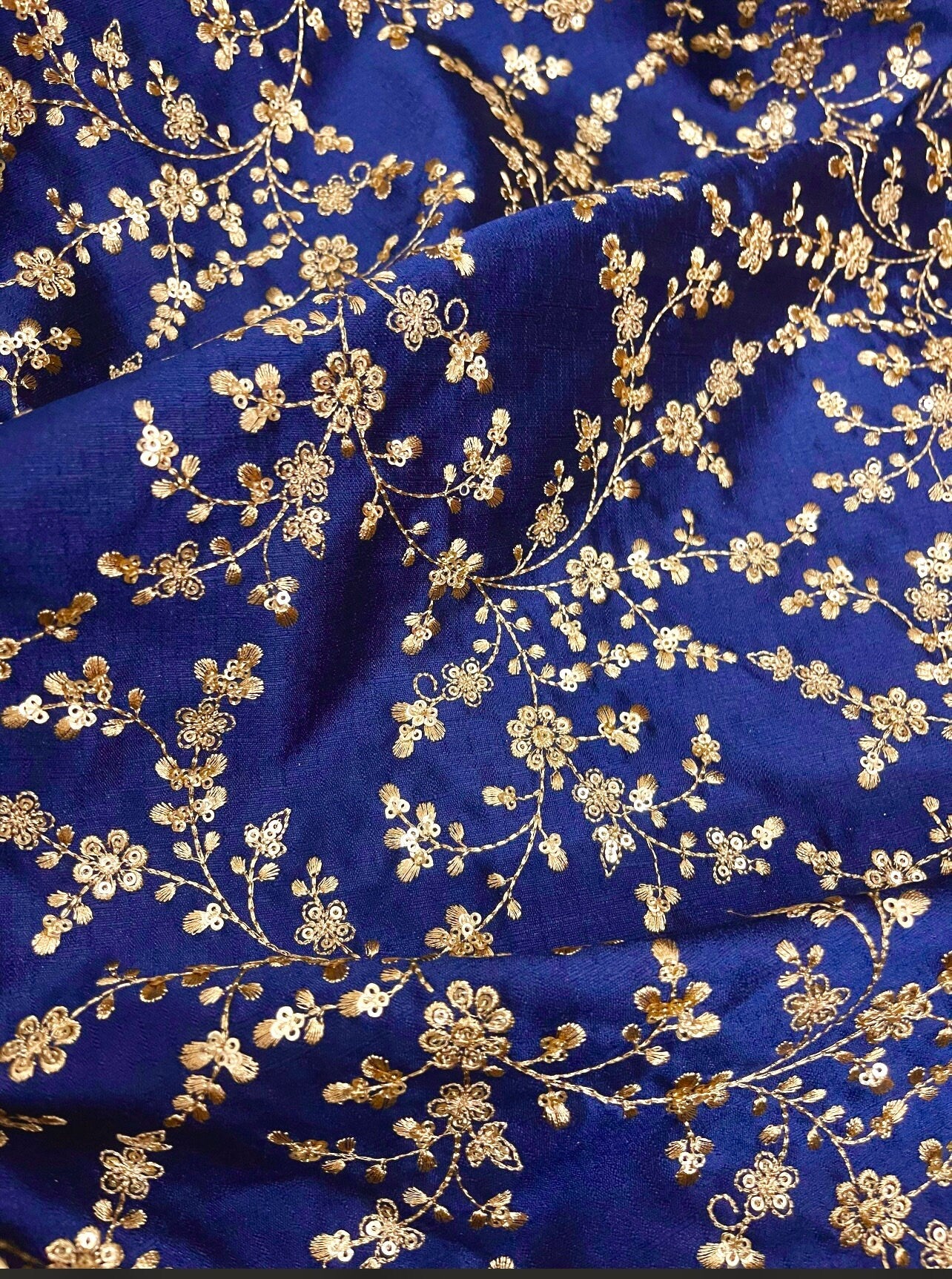 Embroidered fabric, Blue and gold wedding dress fabric, Indian fabric, Bridesmaid dress, Luxury fabric, Thread embroidery, Gold fabric - NFAF701