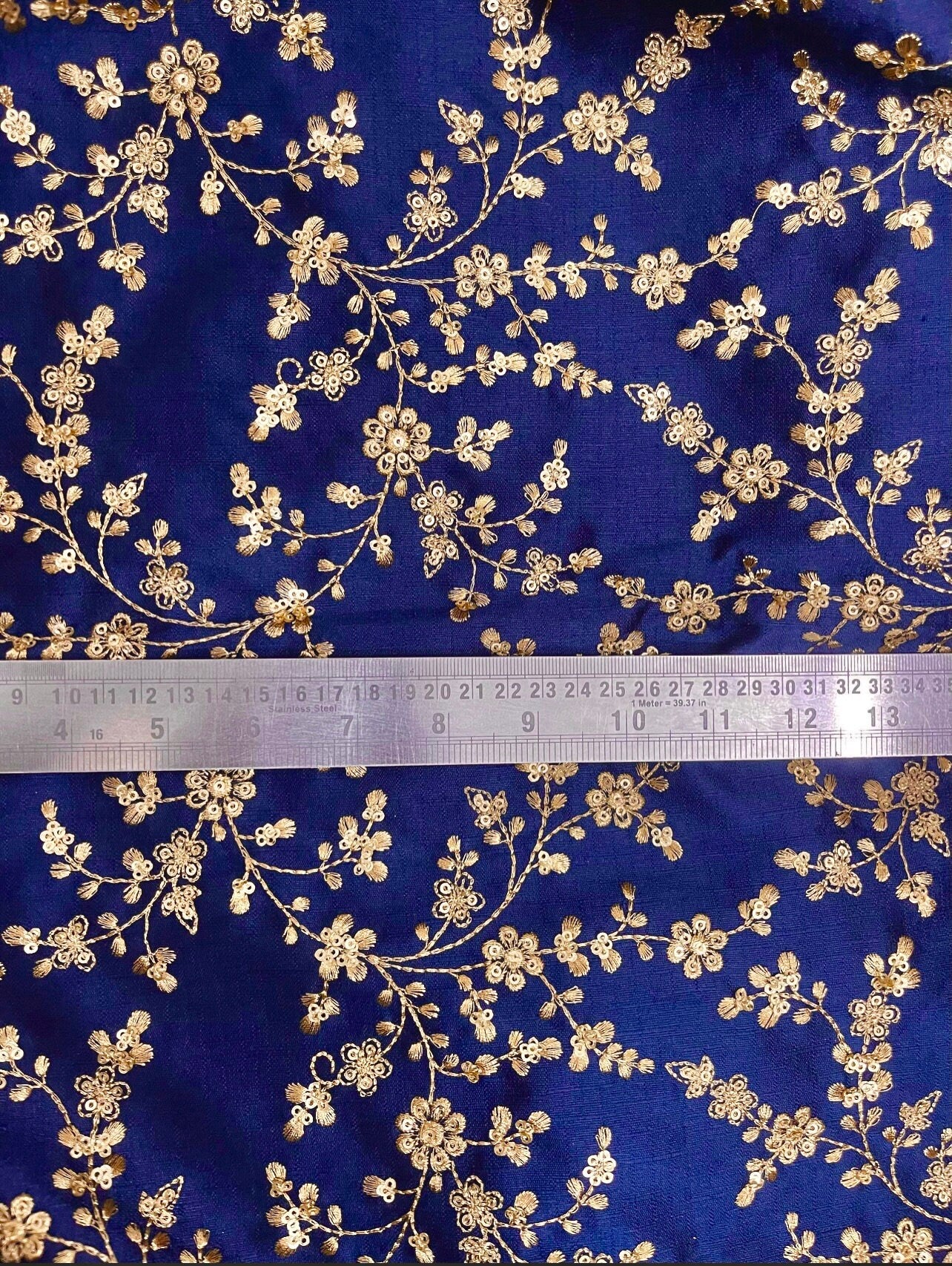 Embroidered fabric, Blue and gold wedding dress fabric, Indian fabric, Bridesmaid dress, Luxury fabric, Thread embroidery, Gold fabric - NFAF701