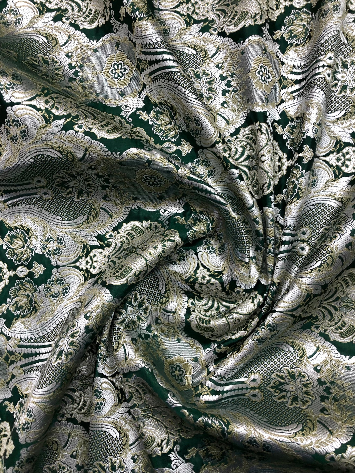 Indian Banarasi Brocade Fabric in Dark Green Silver and Gold color, Multiple lengths will come in the continuous piece - NF45