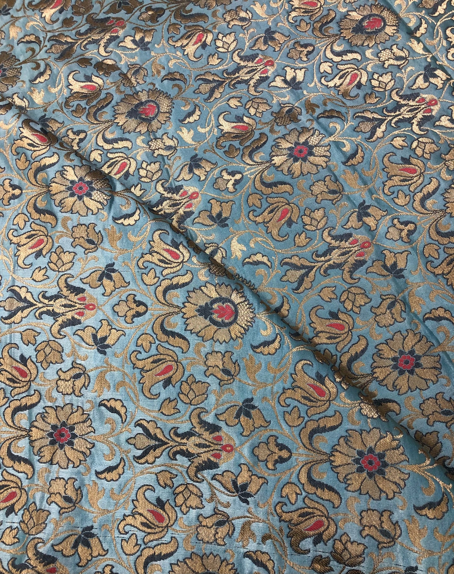 Indian Banarasi Brocade fabric in Slate Blue and gold color, Multiple lengths will come in the continuous piece - NF776