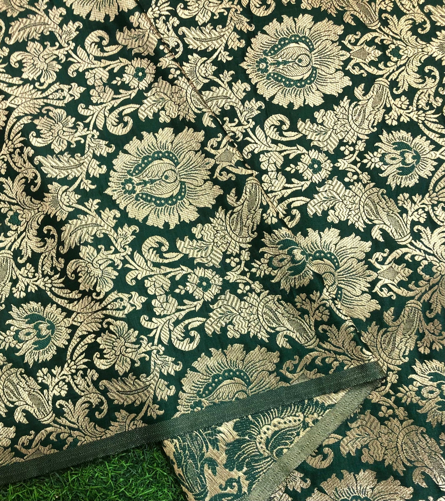 Indian Banarasi Brocade Fabric in Green and Gold color, Multiple lengths will come in the continuous piece - NF355