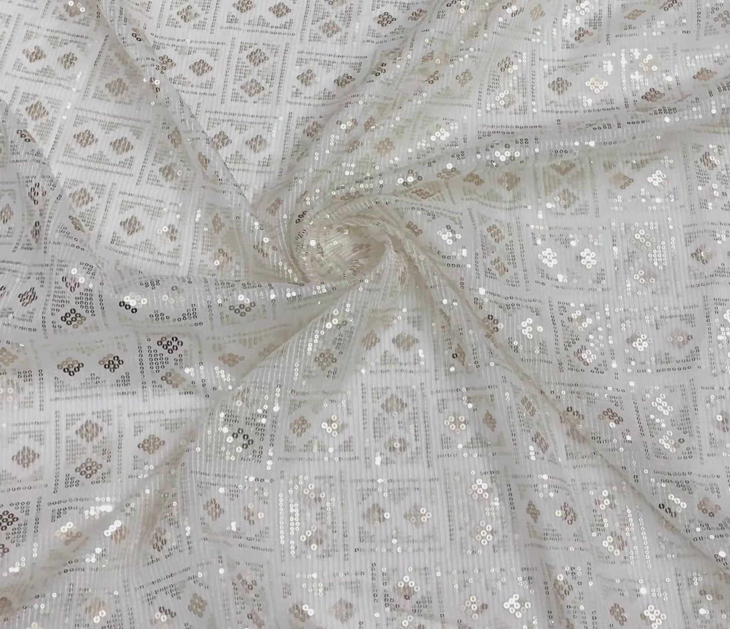 Indian Embroidered Sequins Organza Fabric in Off White color, Multiple lengths will come in the continuous piece - NF934