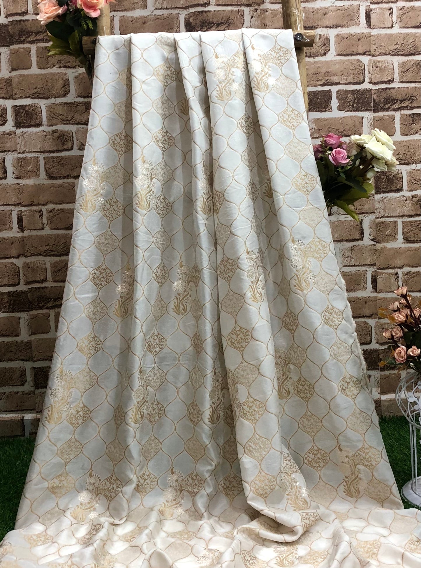 Indian Indian Dola Silk Fabric And Off White Color, Multiple lengths will come in the continuous piece - NF865