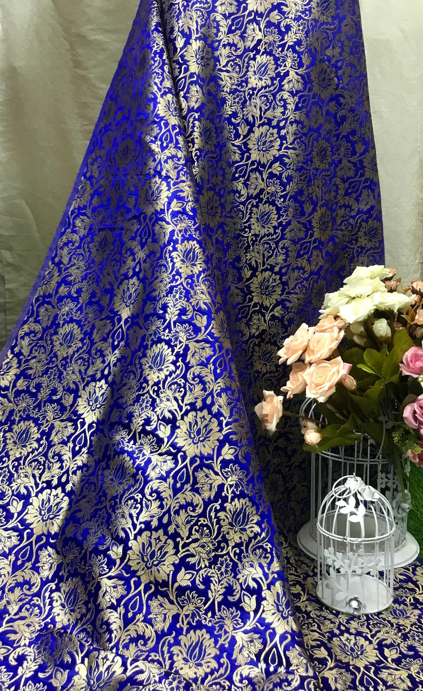 Indian Banarasi Brocade fabric in Royal Blue and Gold color, Multiple lengths will come in the continuous piece - NF04