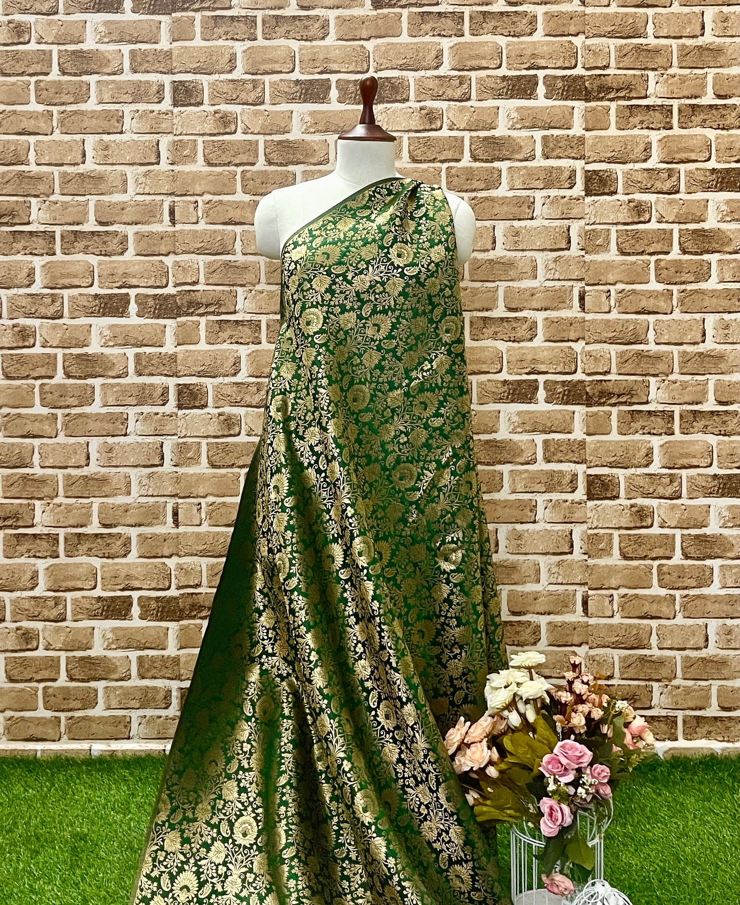 Indian Banarasi Brocade fabric in Green and Gold color, Multiple lengths will come in the continuous piece - NF229