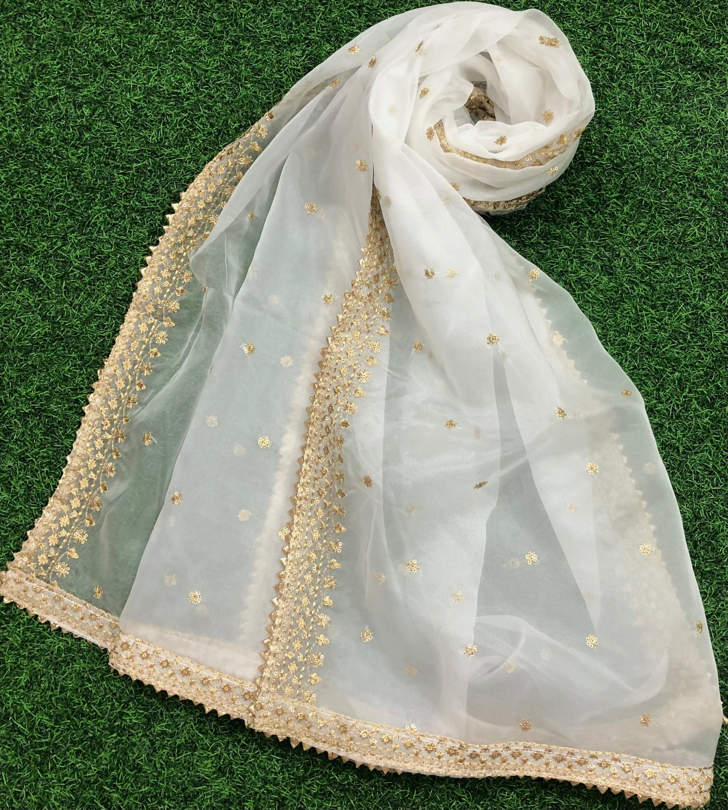 White & Gold Organza Dupatta and Sequins Embroidery, Indian Stole, Scarf for women, Bridal Wedding Fabric, Veil, DP12