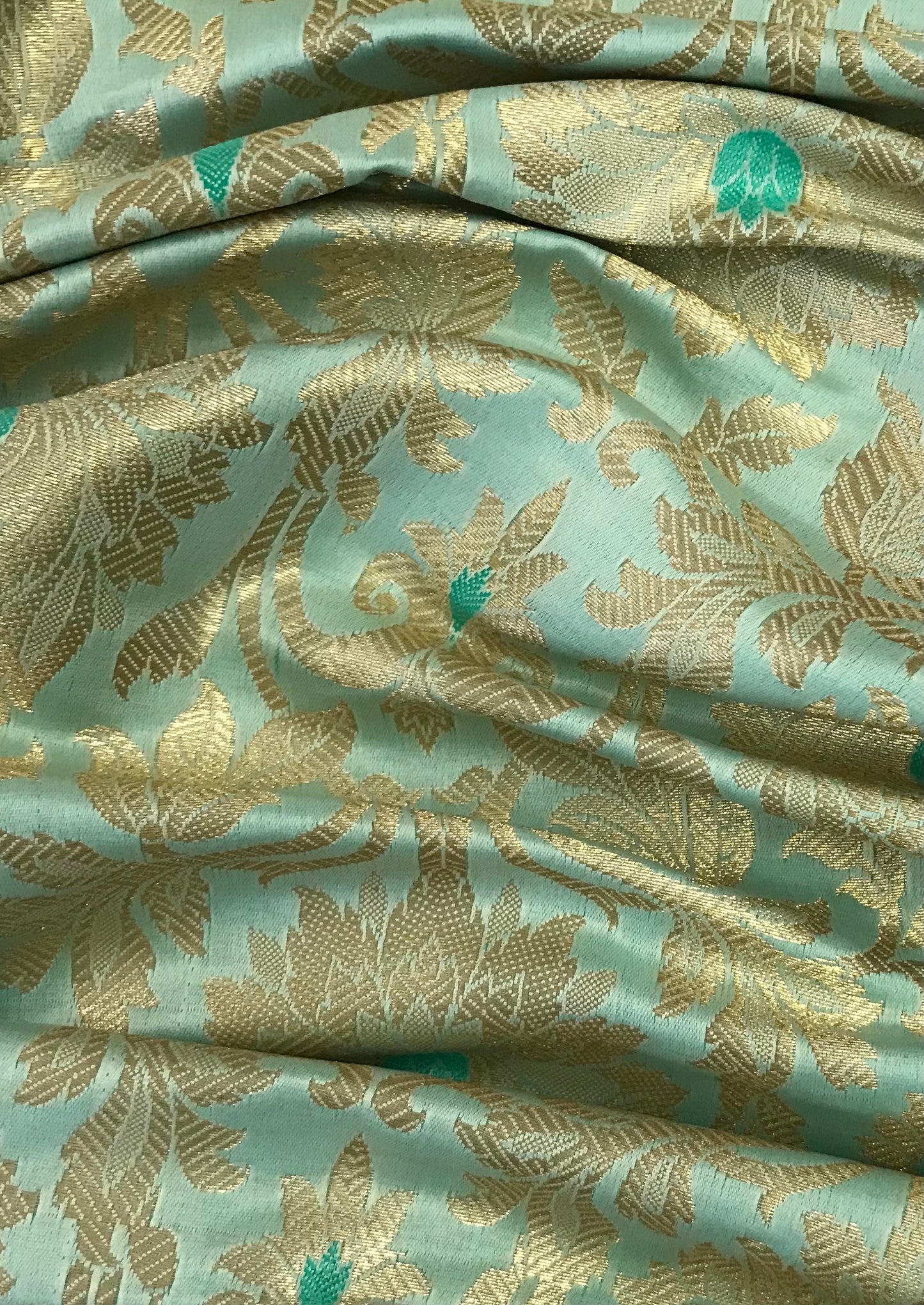 Indian Banarasi Brocade fabric in sea Green and Gold color, Multiple lengths will come in the continuous piece - NF893