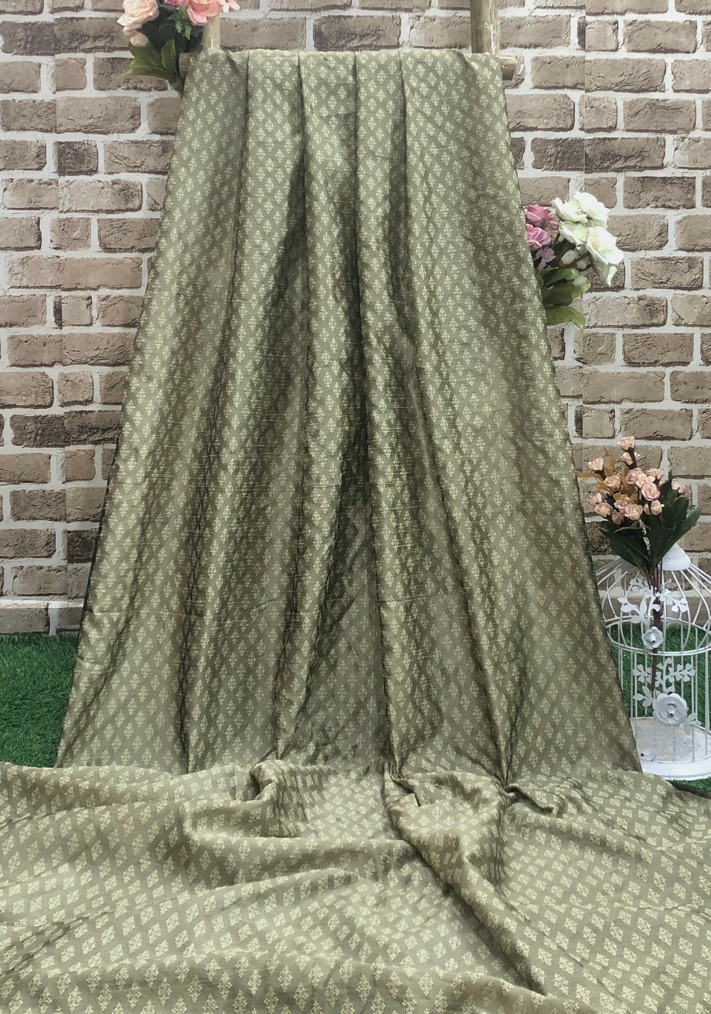 Indian Banarasi Brocade Fabric in Sage Green Color, Multiple lengths will come in the continuous piece - NF900