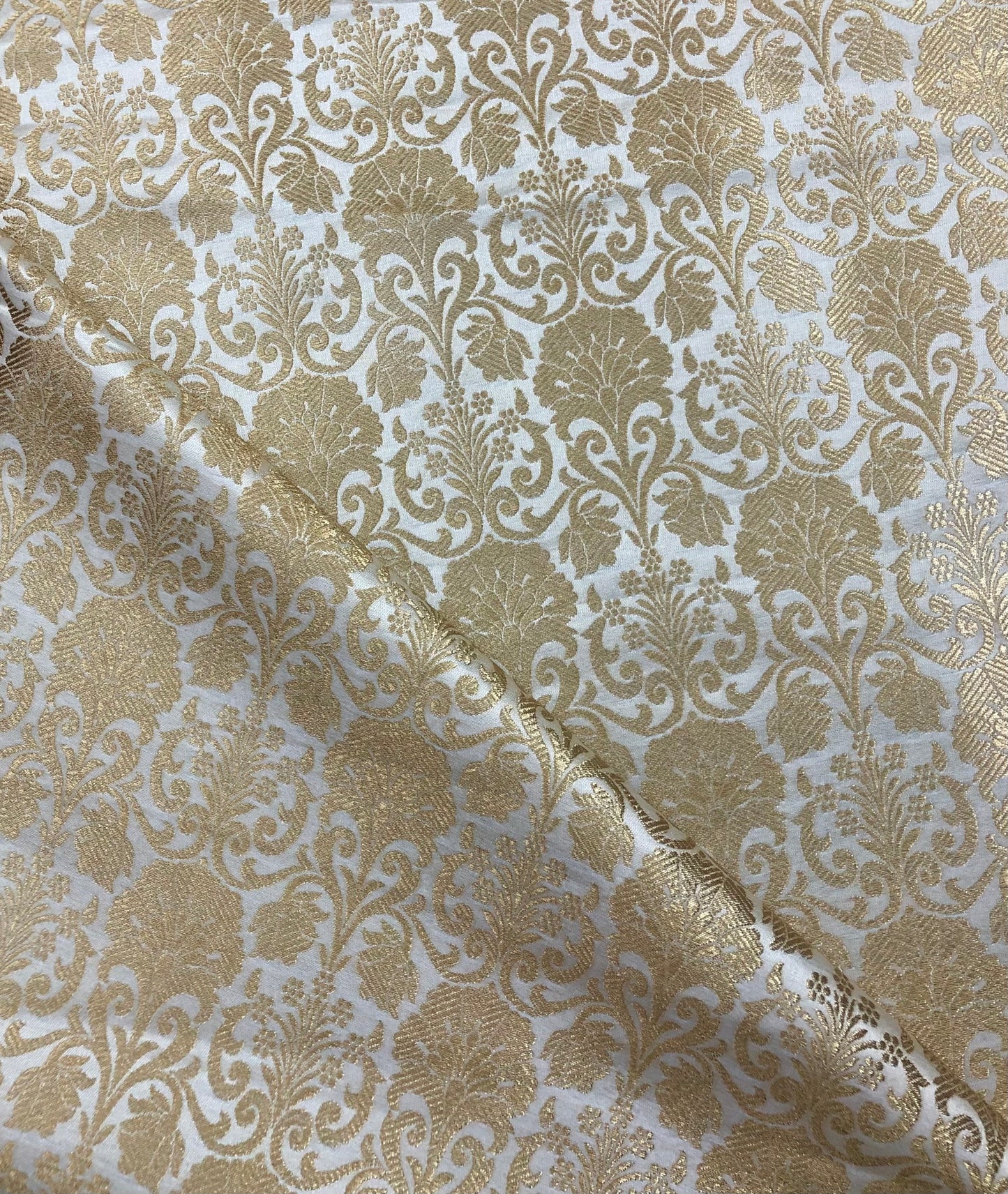 Indian Banarasi Brocade fabric in White and Gold color,  Multiple lengths will come in a continuous piece - NF568