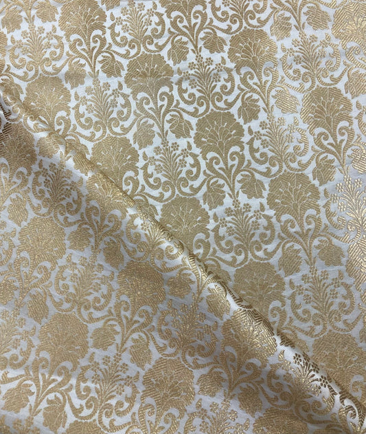 Banarasi Brocade fabric, White Gold Wedding inspiration fabric, Damask jacquard brocade, Gothic fabric, Renaissance fabric - NFAF568