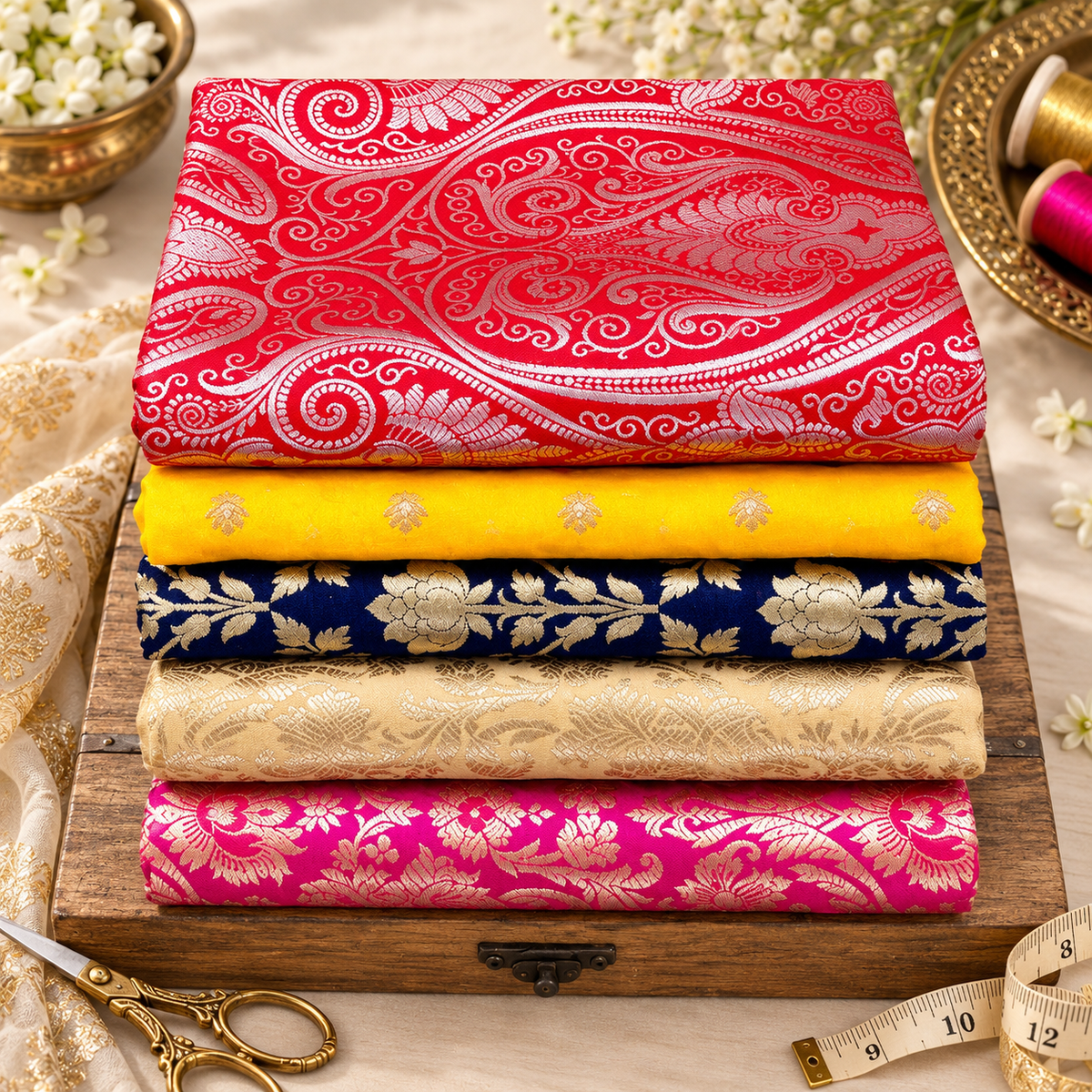 5 pcs Bundle Brocade Fabrics, assorted brocade fabric bundle, Banarasi fabric - NF02