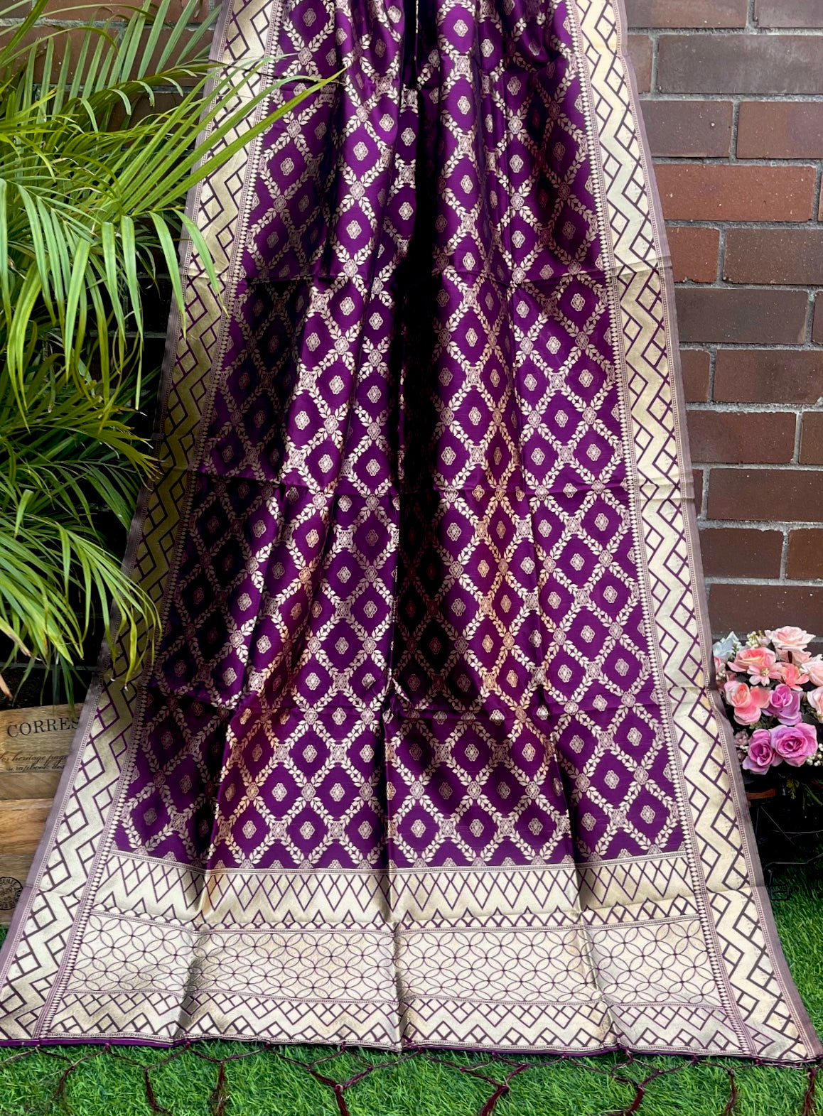 Purple Gold Handloom Scarf, Viscose silk dupatta for women, Shawl, Stole, Scarf, bridal Dress Fabric, Headdress, Veil, Chunari, DP983