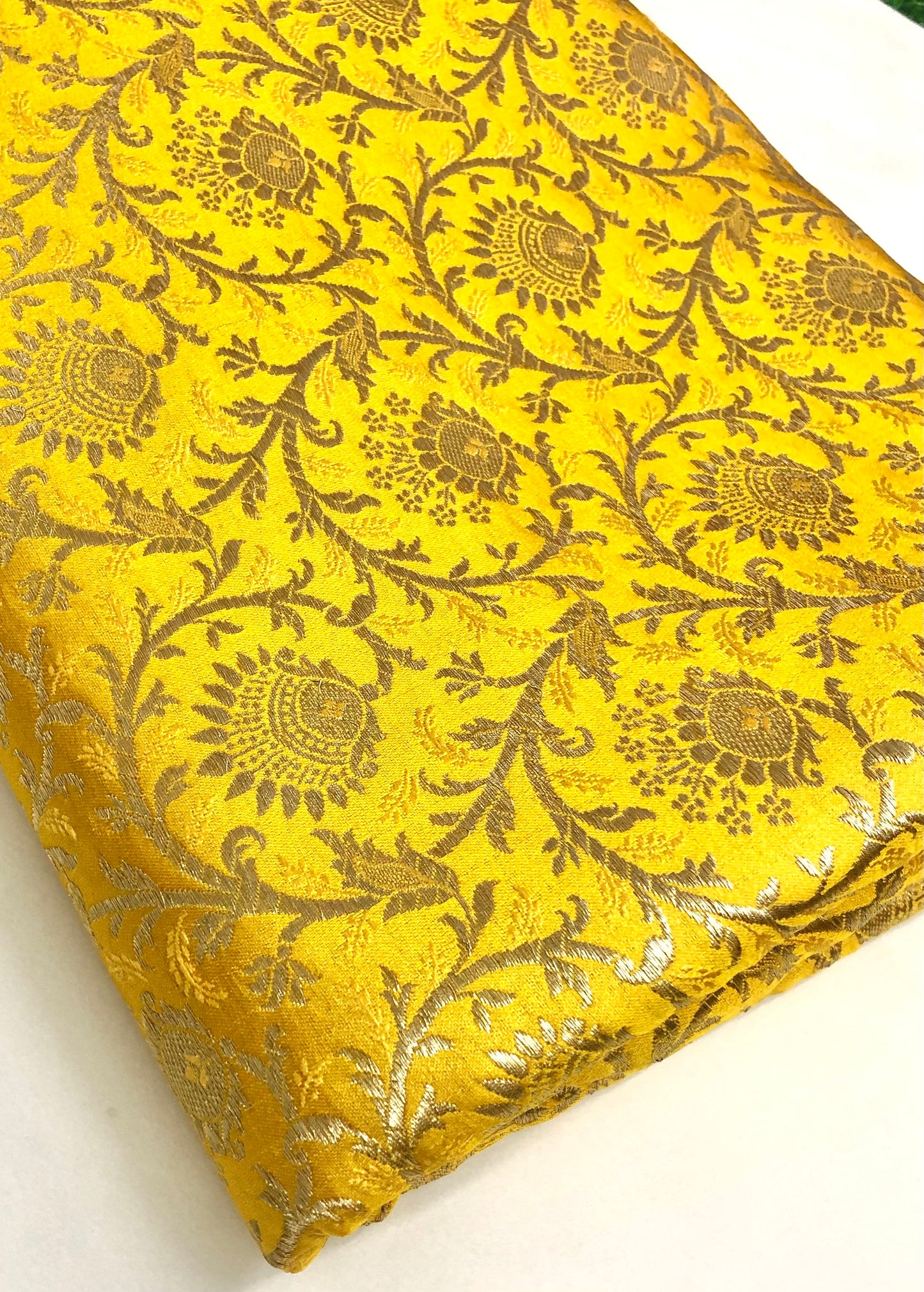 Indian Banarasi Brocade Fabric in yellow and Gold color, Multiple lengths will come in the continuous piece - NF331