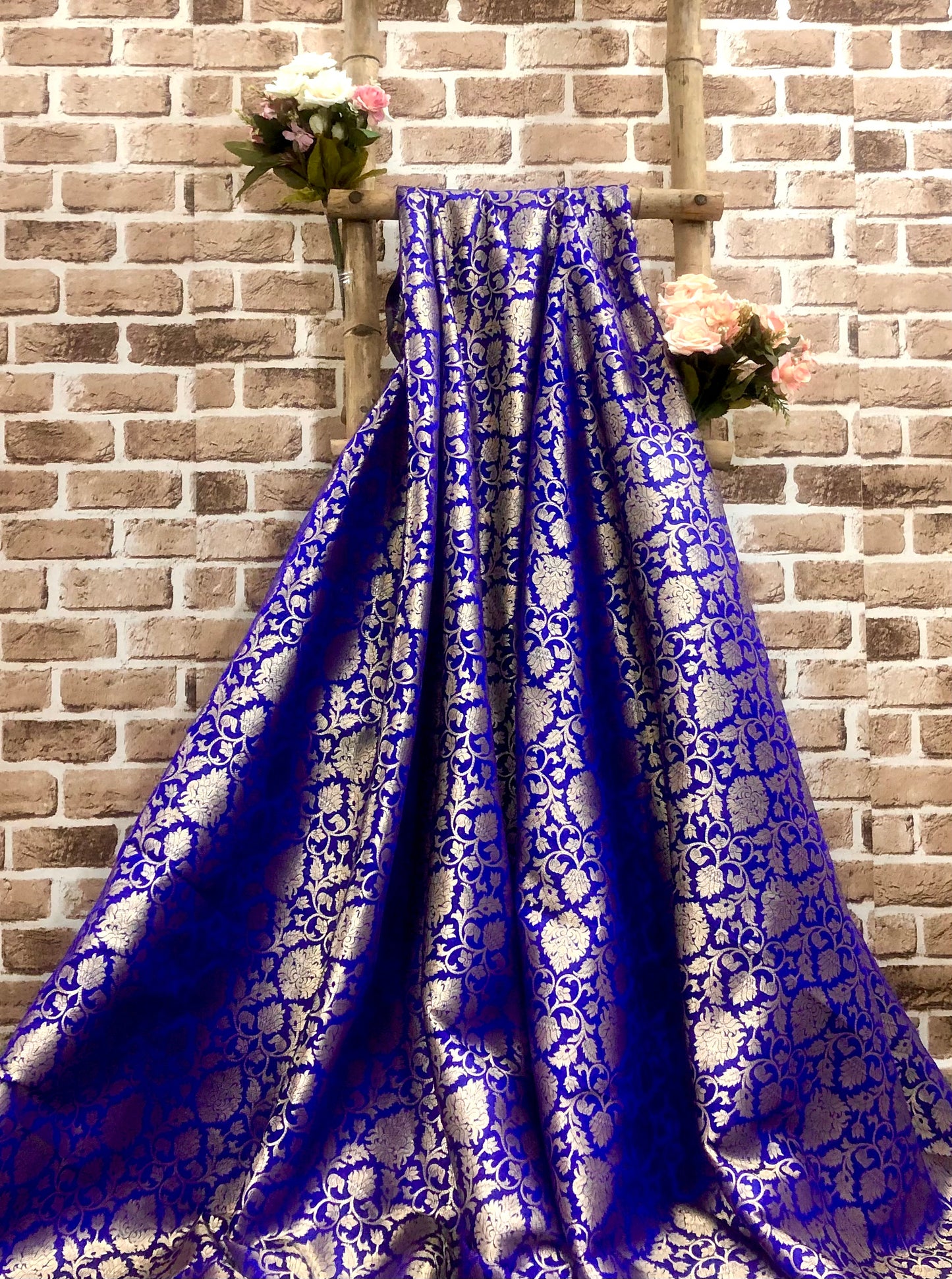 Indian Banarasi Brocade Fabric in Blue and Gold color, Multiple lengths will come in the continuous piece - NF364