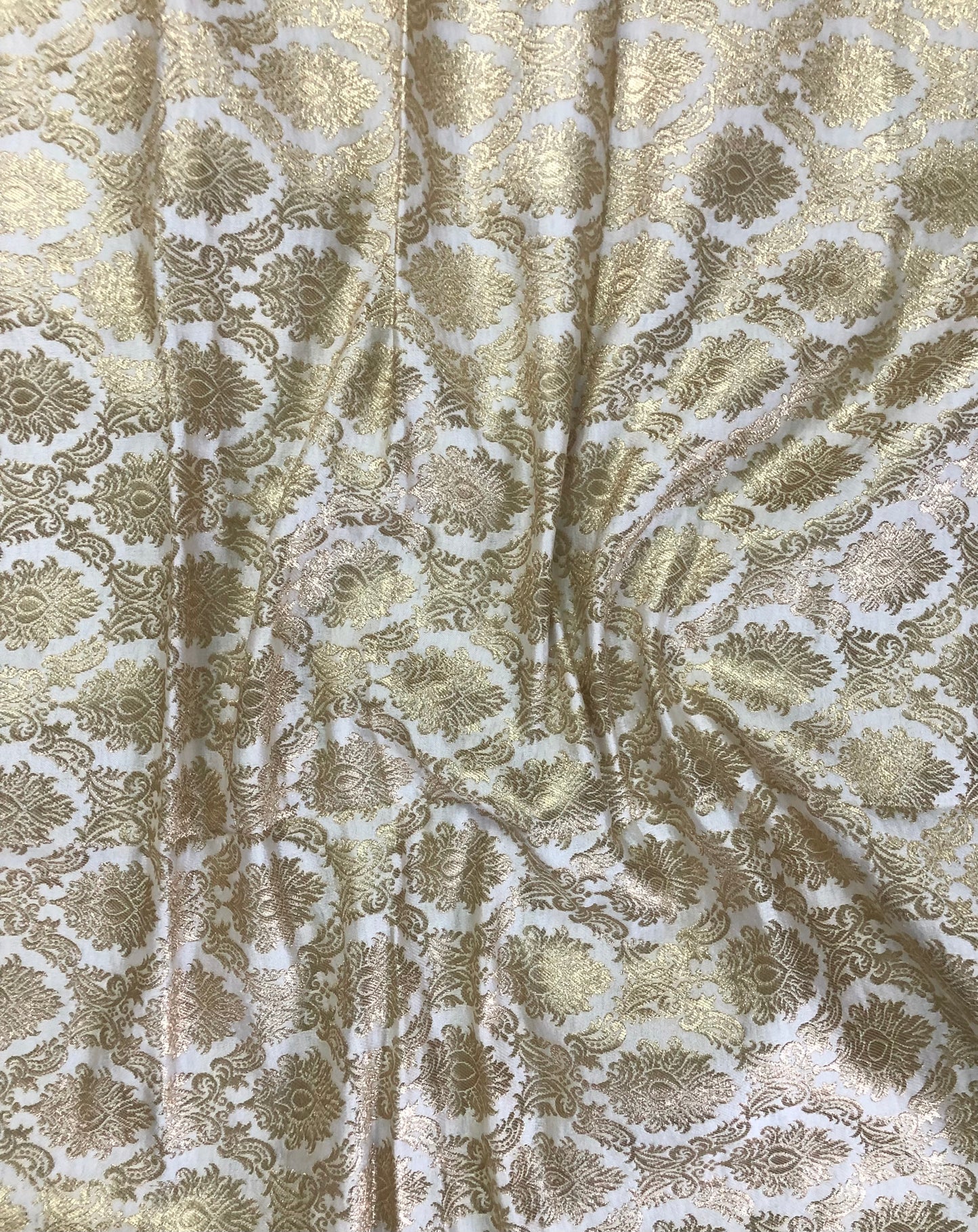 Indian Banarasi Brocade Fabric in White and Gold color, Multiple lengths will come in the continuous piece - NF585