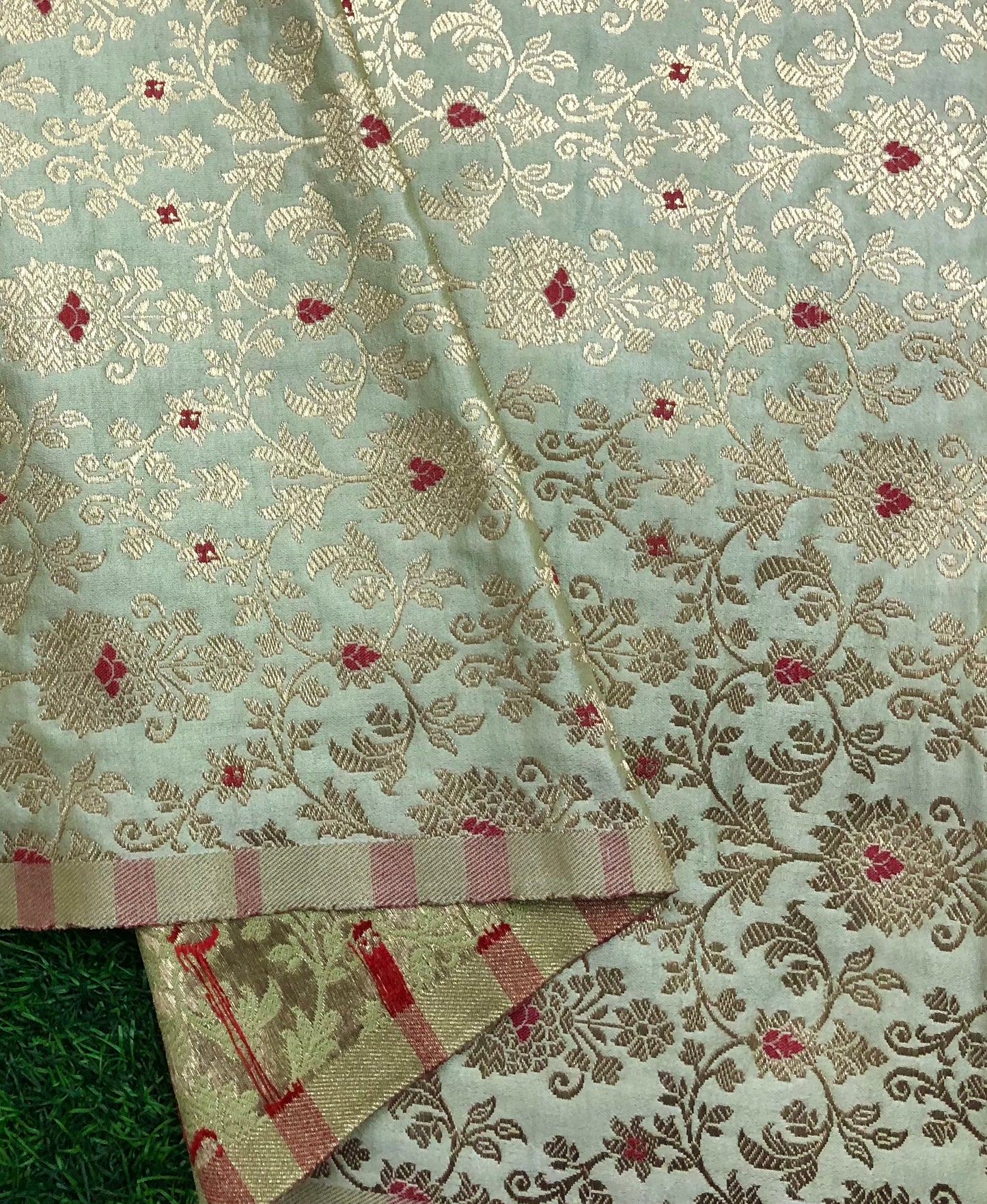 Indian Banarasi Brocade Fabric in Green and Gold color, Multiple lengths will come in the continuous Piece - NF714