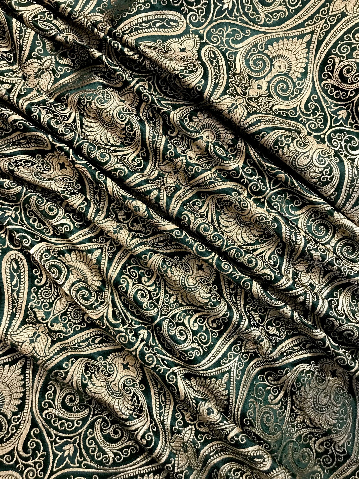 Indian Banarasi Brocade Fabric in Green and Gold color, Multiple lengths will come in the continuous piece - NF182