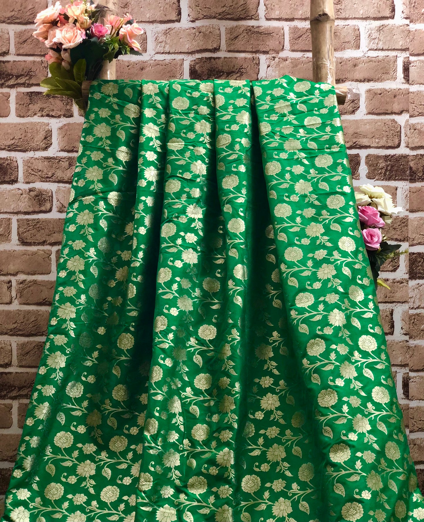 Indian Banarasi Brocade Fabric in Green and Gold color, Multiple lengths will come in the continuous Piece - NF789