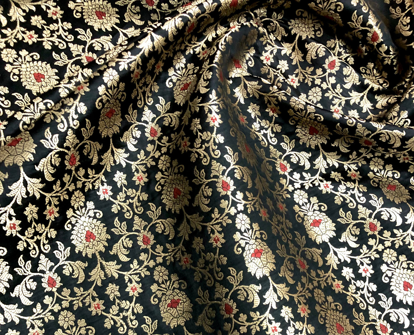 Indian Banarasi Brocade Fabric in Black and Gold Color, Multiple lengths will come in the continuous piece - NF710