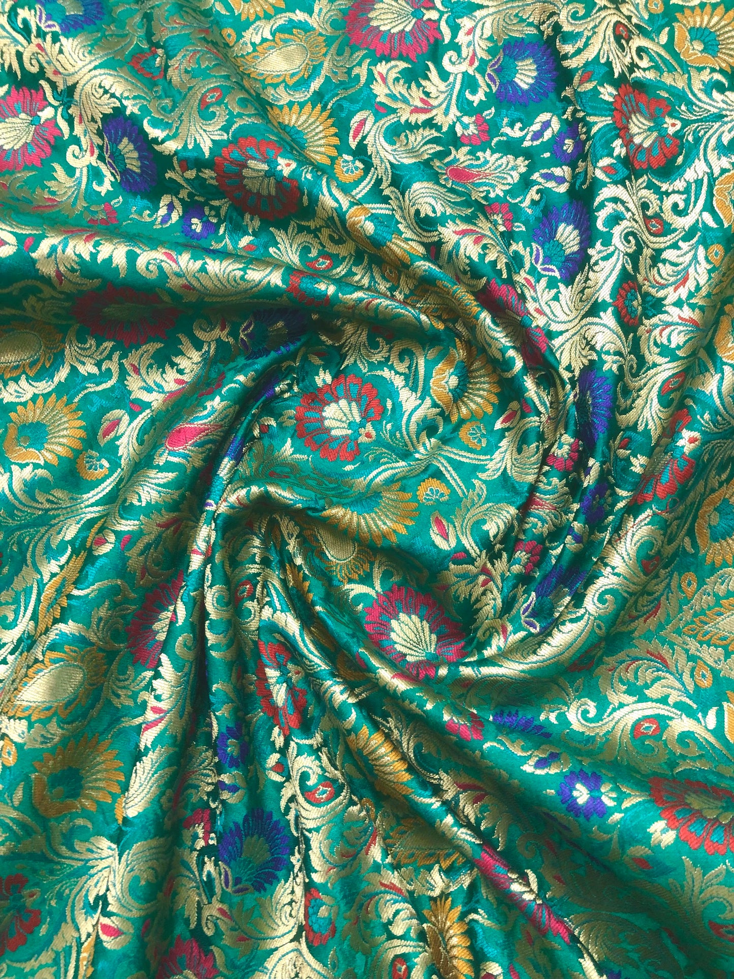 Indian Banarasi Brocade Fabric in Green and Gold color, Multiple lengths will come in the continuous Piece - NF599