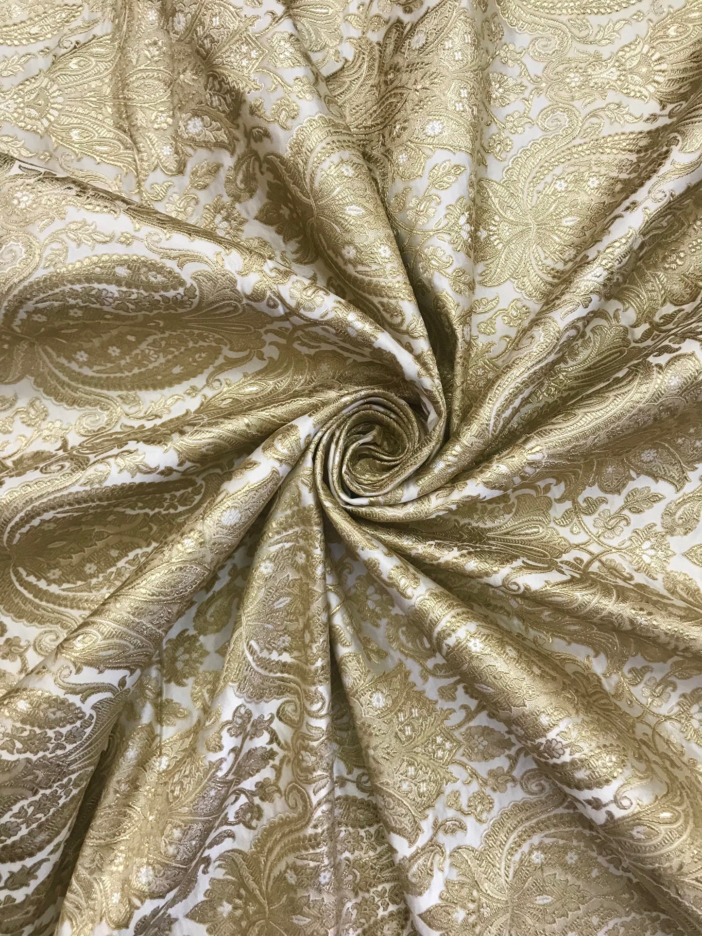 Indian Banarasi Brocade Fabric in White and Gold color,  Multiple lengths will come in the continuous piece - NF591